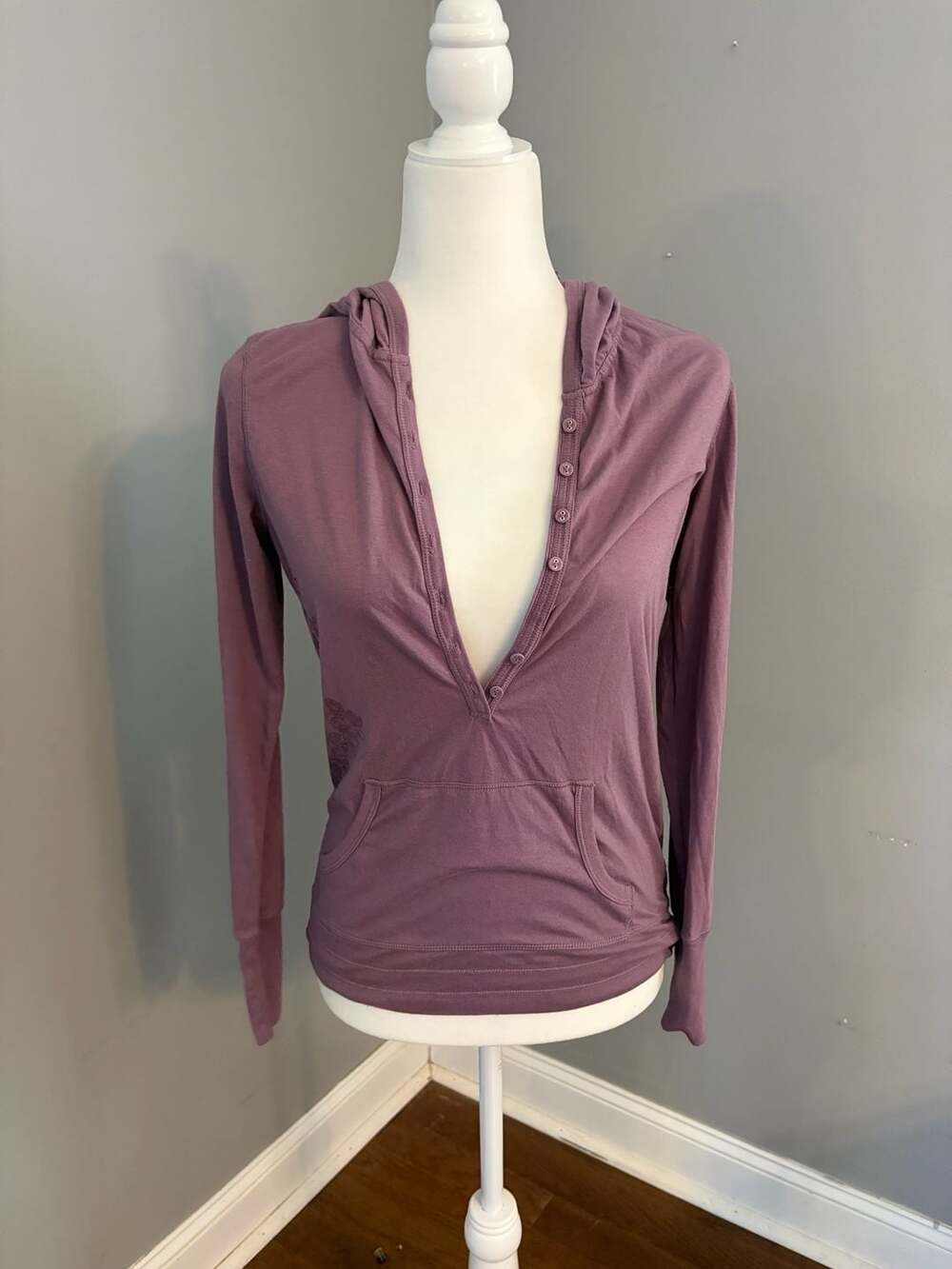 Aeropostale Purple Knit Hoodie with Floral Embroidery and Button-Down Front